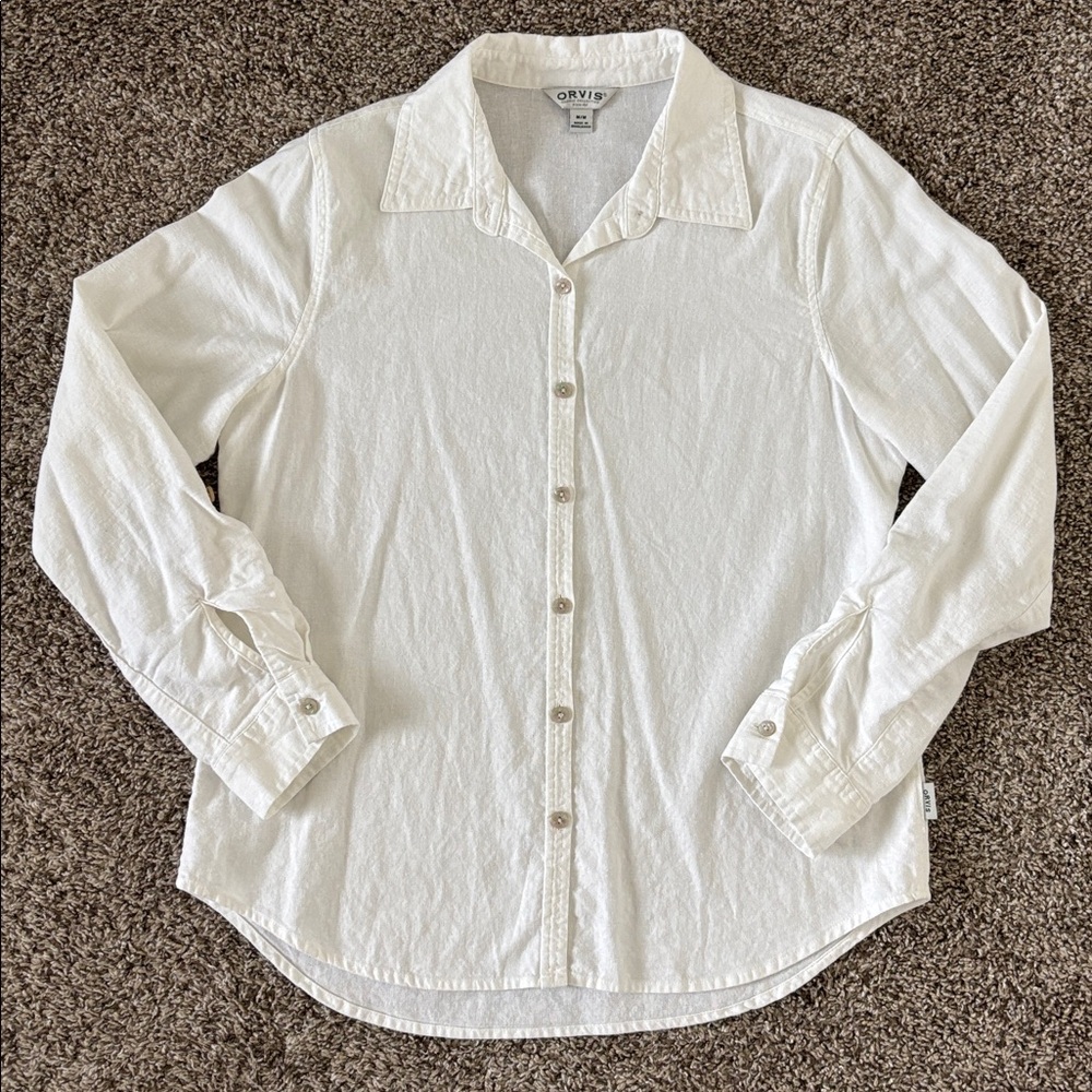 Classic Orvis Women’s Linen White Taylored Button Down Shirt Size M